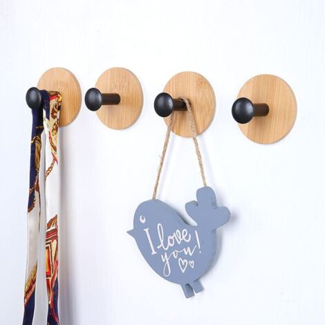 Lot de 4 crochets auto-adhésifs (noirs), crochets en bambou réutilisables sans couture, crochets adhésifs très résistants, crochets pour chambre, cuisine, salle de bain. (1/4)