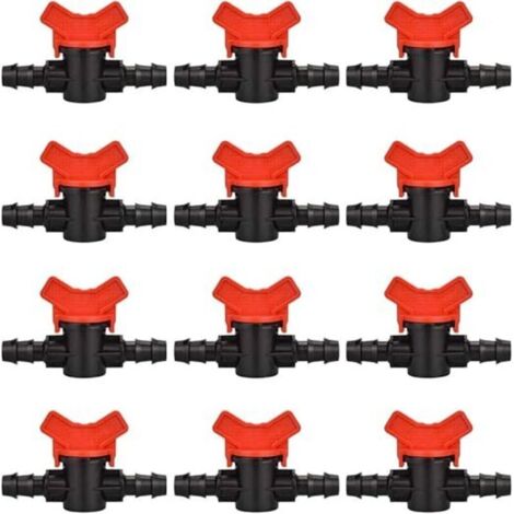 12 PCS Robinet de jardin pour tuyau, Tuyau Vanne d'irrigation 16 x 16mm Robinet d'arrêt raccord en Plastique pour le contrôle extérieur de la vanne d'eau de jardin (noir + rouge) (1/4)