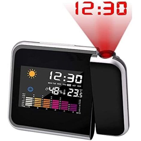 (Noir) Réveil à projection de plafond, réveil numérique à LED, affichage LCD de l'heure, de la température et de la date, prend en charge le chargement USB, format 12 heures et 24 heures (1/4)