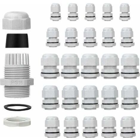 Lot de 25 presse-étoupes étanches - Réglables - PG7 PG9 PG11 PG13.5 PG16 - Connecteurs de cable - écrous de remplissage - Joints en plastique avec rondelle - Blanc (1/5)