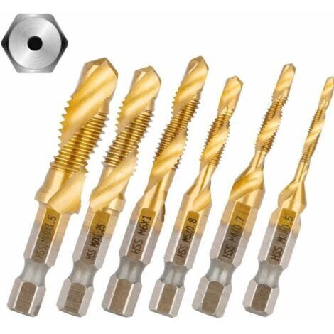 Tarauds Combinés 6 pcs 1/4'' HSS M3-M10 - Hexagonaux, Bois, Plastique, Aluminium, Métal Dur (1/5)