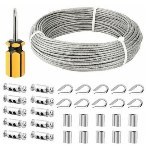 Cable Inox 3mm,50M/3mm Corde en Acier Inoxydable,Cable en Acier Revêtu avec Serre-Câbles,M3 Manchons,Cosses en Acier Inoxydable,3mm Cable Métallique pour Fil a linge,Cable de Garde Corps