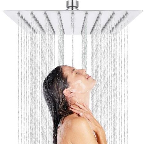 Tete de Douche Pluie Carre Anti Calcaire, Tete de Douche Pluie, Pomme de Douche en Acier Inoxydable et Haute Pression, Tête de Douche Rotatif 360° Facile à Installer et à Nettoyer, 8 Pouces (20x20cm) (1/5)