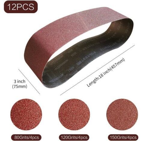 Bande Abrasive 75 x 457 mm Bande de Ponceuse - Ensemble de Bandes Abrasives Mixte (4 X grains 80/120/150) pour Ponceuses à Bande,Idéale pour le Bois(12 pièces) (1/5)