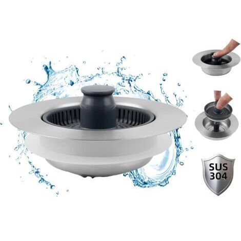 Crépine et bouchon d'évier de cuisine 3 en 1 améliorés, bouchon d'évier escamotable en métal en acier inoxydable, crépine anti-obstruction avec poignée pour drain standard américain de 3-1/2 pouces (1/5)