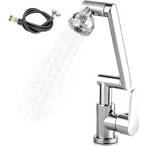 Robinet de cuisine extractible, mitigeur avec régulateur de débit à 1080°, 2 modes de jet, flexible de raccordement eau chaude et froide de 60 cm - Argent (1/5)
