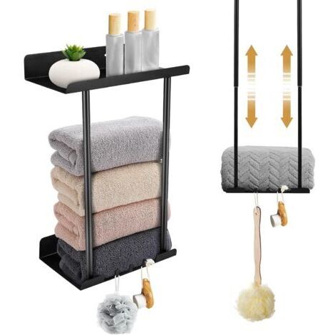 Porte-serviettes réglable en hauteur avec étagère et crochet, 38-75 cm, sans perçage, noir (1/5)