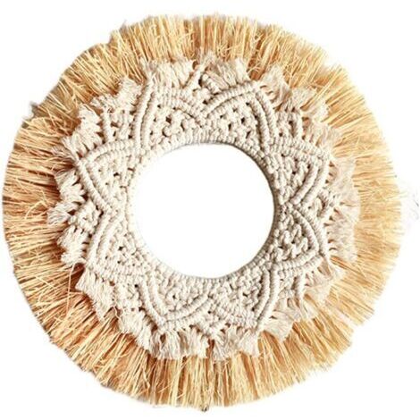 Rideau de porteMiroir de maquillage en raphia nordique, mur rond, décoration Boho, miroir suspendu pour Dressing (1/5)