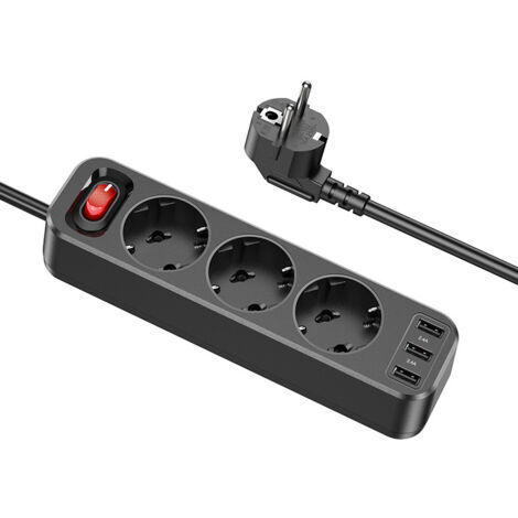 Prise double pour prise, prise multiple avec 3 USB, prise 3 voies, adaptateur de prise 6 en 1, prise de distribution, prise multiple, pour le bureau, à la maison - noir (1/2)