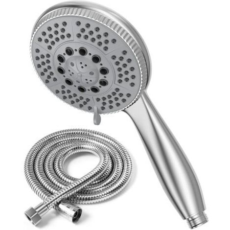 Pommeau de douche + 2 m flexible douche en acier tube, 5 fonctions jet de douche multifonction à haute pression, ABS chromé Pulvérisateur douche anti-calcaire pommeau avec buse Argenté (1/5)