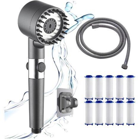 Pommeau de douche anticalcaire, pommeau de douche haute pression, pommeau de douche filtré avec filtre, douchette à main avec 4 modes de jet, gris clair (1/5)