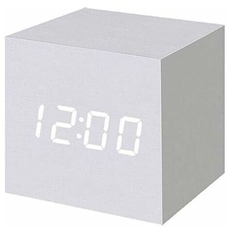 [JAMAIS UTILISÉ]Réveil numérique à LED en Bois, Horloge Cubique Numérique avec Affichage Date et Température, Prise USB / Batterie (Blanc) (1/5)