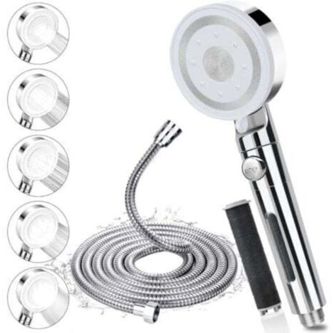 Pommeau de Douche avec Tuyau 2m, Pommeau de Douche Haute Pression avec 5 Modes de Jet, Pommeau Douche Economie Deau avec Arret, Douchette Douche Filtrant Anti Calcaire Salle de Bain,Facile à Installer (1/5)