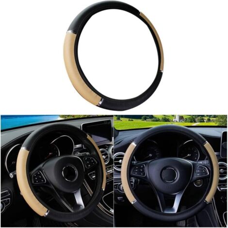 Universel Couvre Volant Voiture 38cm, Antidérapant Respirant Protege Volant, Housse De Volant, Accessoires Auto Decoration Interieur, Volants Confort Durabilité Sécurité(Noir Beige) (1/5)