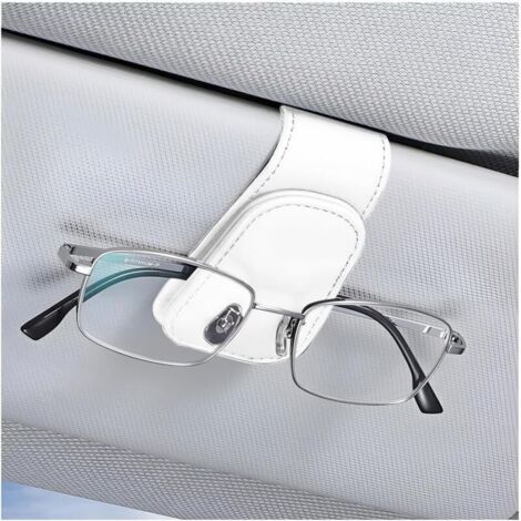 Porte-Lunettes De pour Voiture, Magnétique en Cuir Clip Cintre De Lunettes pour Voiture, Support De Lunettes De Soleil De Visière Voiture Universel avec Pince à Carte (Blanc) (1/5)