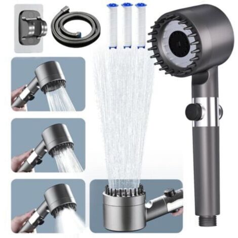 Pommeau de Duche Haute Pression, Pommeau de Duche Economie Deau avec Tuyau Douche 1.5M et Support de Douche, Salle de Bain Réglable à 3 Modes (1/5)