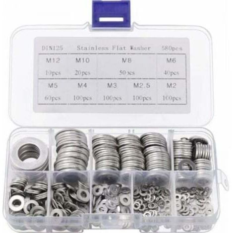 Rondelle Inox avec Boîte de Rangement (Lot de 580) - Assortiment de 9 Tailles M2, M2.5, M3, M4, M5, M6, M8, M10 & M12 - Lot de Rondelles Métal - Réparations, Usines & Décoration Intérieure (1/5)
