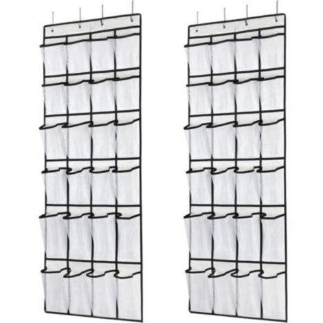 2 pcs Organiseur de chaussures à suspendre sur la porte, 24 poches en maille, support de chaussures à suspendre avec crochets de porte, idéal pour une armoire, une chambre, une salle de bain (noir) (1/5)