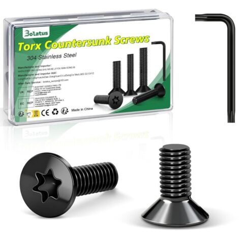 Lot de 20 vis à tête fraisée M8 x 10 mm, noires, en acier inoxydable 304, avec clé Torx et boîte conformes à la norme ISO 14581, pour machines et appareils, installations extérieures, meubles (1/5)