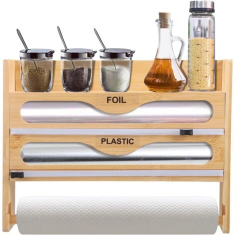 Distributeur Papier Aluminium et Film, Coupe-Papier Essuie-Tout, Porte-Rouleau Mural Organisateur de Film pour 3 Rouleaux, Dérouleur Film Alimentaire avec Porte Essuie Tout et Étagère à Épices, 4 en 1 (1/5)