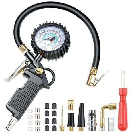 Numérique Manomètre Pression Pneu Jauges de Pression des Pneus Multifonctionnelle Pistolet de Gonflage Manometre avec 24 Accessoires Buses Divers et Outils pour Voitures Motos Vélos (1/4)