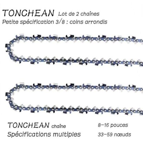 Guide et chaîne pour tronçonneuse,Lot de 2 chaînes de tronçonneuse Faible Rebond 3/8"LP 56 maillons pour tronçonneuse (15pouces)Lame à 28 sections——Coins arrondis (1/4)