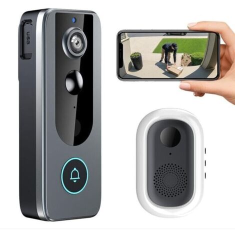 Sonnette Vidéo WiFi M20, Caméra HD 1080p avec Vision Nocturne, Audio Bidirectionnel, Détection de Mouvement, Batterie Rechargeable, Compatible Tuya Smart, Noir et Gris, Installation Murale (1/5)