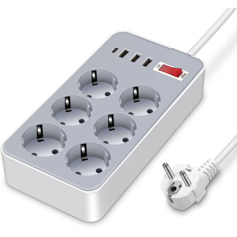 Multiprise Electrique USB, avec 6 prises secteur + 3 ports USB-A + 1 port USB-C, Multiprise Bureau USB avec Interrupteur Cordon de 1.8m pour iPhone 15/ iPad/Smartphone (1/5)