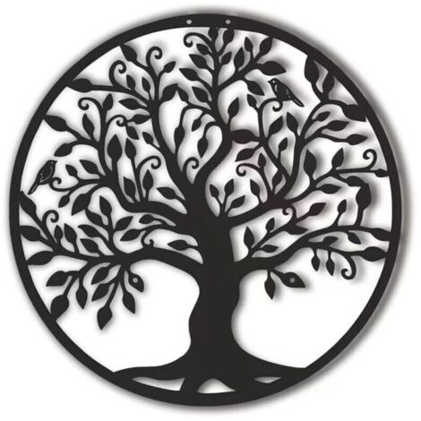 Décoration murale arbre de vie en métal noir 40x40cm – Sculpture robuste pour intérieur et extérieur – Résiste à la rouille