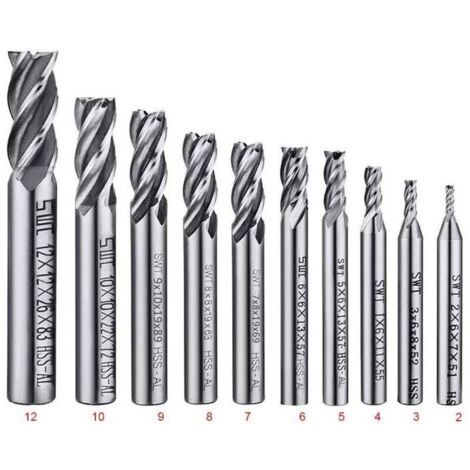Lot de 10 forets à 4 cannelures - de 2 à 12 mm Fraise en Bout- Ensemble de forets à tige droite HSS CNC pour perceuse - Ensemble d'outils pour bois, aluminium, acier et titane (1/5)