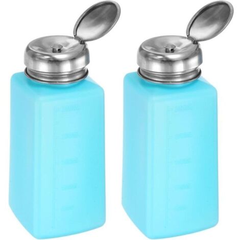 2pcs distributeur d'alcool solvant 250ml (8,5 oz) pousser vers le bas bouteille de pompe de distributeur liquide avec couvercle d'étanchéité en acier inoxydable pour la solution d'acétone, bleu (1/5)