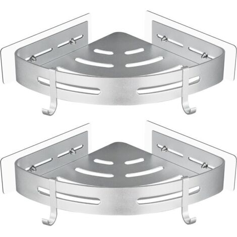 Etagère de Douche d'angle sans Perçage en Métal avec 2 Crochets pour Douche Support Antirouille Autocollant pour Articles de Salle de Bains 2 Pièces (Argent) (1/5)