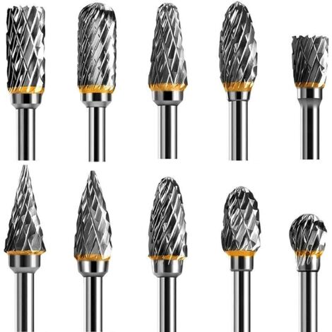 Jeu de 10 fraises rotatives en carbure de tungstène – Double tranchant – Tige 1/8'' – Pour sculpture bois, métal, céramique, gravure (1/5)