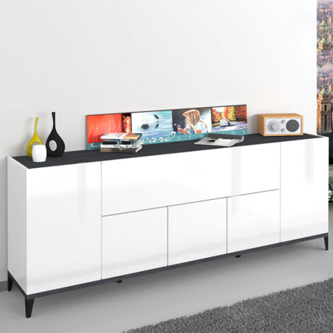 Madia 6 ante per Soggiorno Moderna 200x40x82cm - ARTEMIS - Colore: bianco lucido/ardesia