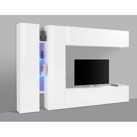 Parete Attrezzata Moderna per Soggiorno 280x30x180cm - ECHO - Colore: bianco laccato lucido