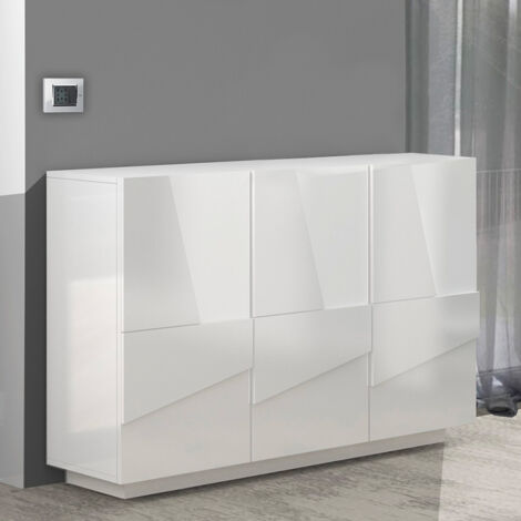 Mobile a 3 Ante Credenza Moderna per Soggiorno 120 cm Basso Bianco Lucido