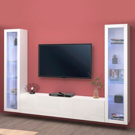 Parete Attrezzata Moderna per Soggiorno 260x30x180cm - ECHO - Colore: bianco laccato lucido