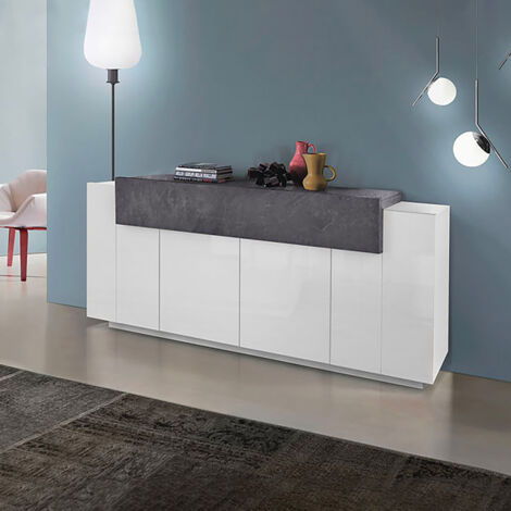 Madia 5 ante per Soggiorno Moderna 200x45x85,5cm - CELESTIA - Colore: bianco laccato lucido/report