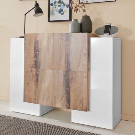 Madia 6 ante per Soggiorno Moderna 130x35/45x100cm - APEX - Colore: bianco laccato/ acero pereira