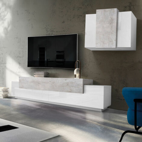 Mobile Porta Tv Moderno 280x45x180cm - CELESTIA - Colore: bianco laccato lucido/cemento (1/5)