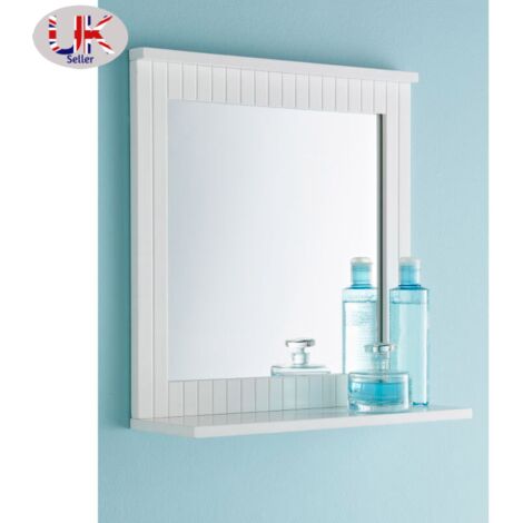 White Wall Mirror - Lines Design With Shelf - Bathroom Mirror
