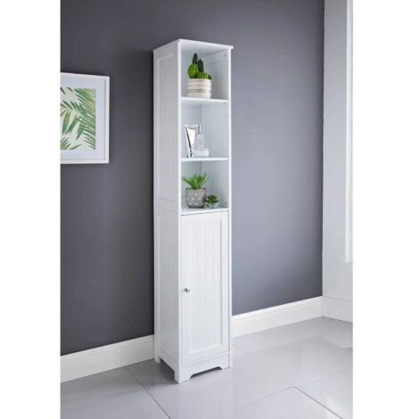 Bathroom Storage Cabinet with 3 Shelves and 1 Door Tallboy White Wooden Furniture Unit tall narrow cupboard Slim Floor Standing Design cabinets