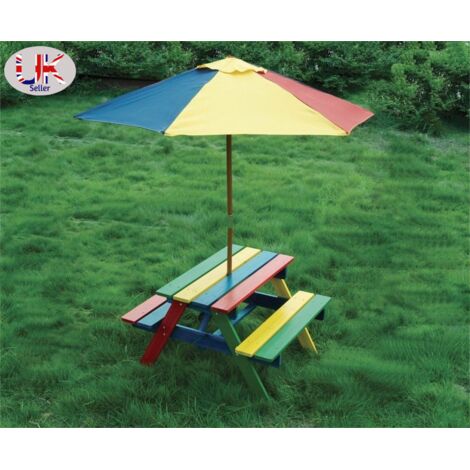 Children's Wooden Rainbow 2 in 1 Kids Picnic Table and Parasol Set (1/2)