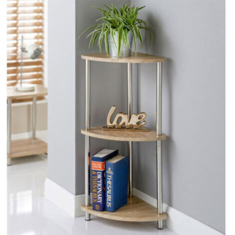 Oak Finish 3 Tier Corner Storage Shelves Unit Stainless Steel Legs (1/2)