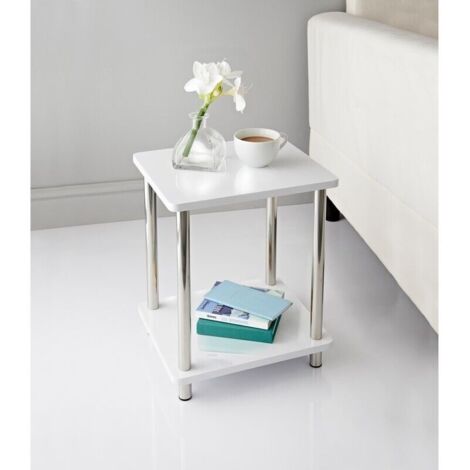 White High Gloss 2 Tier Shelf Unit With Stainless Steel Legs Living Room Decor