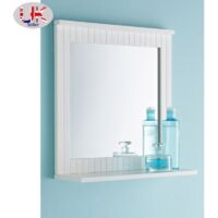 White Wall Mirror - Lines Design With Shelf - Bathroom Mirror