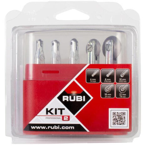 Rubi – Kit de molettes complètes 5 diamètres – Boîtier plastique avec couvercle transparent – Protection et transport sécurisés – Pour carreaux et béton
