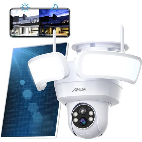 Caméra de Surveillance Floodlight Camera avec projecteurs No Wired, 360° PTZ Caméra Exterieur sans Fil Solaire/Batterie, Éclairage Intelligent, Détection Humaine, Sirène, Audio Bidirectionnel ANRAN F1