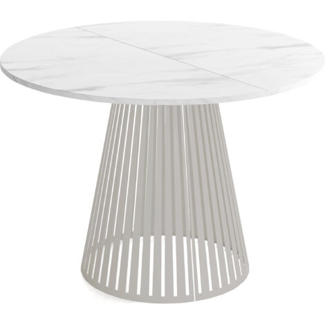 Esstisch Rund Ausziehbar mit Lamellen im Loft-Stil – 120 cm – Industrieller Tisch mit Metallbeinen in Grau-Beige, Platzsparend für Wohnzimmer – Marmor Weiß (1/5)