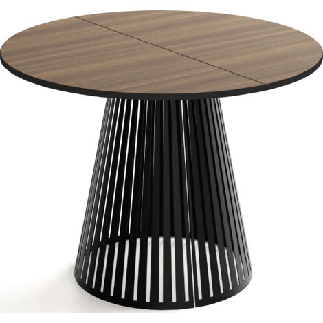 Esstisch Rund Ausziehbar mit Lamellen im Loft-Stil – 100 cm – Industrieller Tisch mit Schwarzen Metallbeinen, Platzsparend für Wohnzimmer – Walnuss Braun